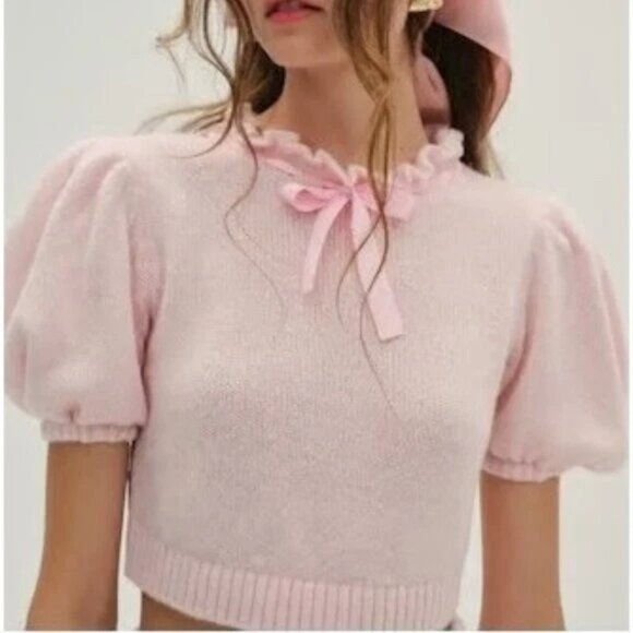 NEW FOR LOVE AND LEMONS BEVERLY PINK KNIT TOP WITH BOW COLLAR SIZE S - Picture 1 of 10